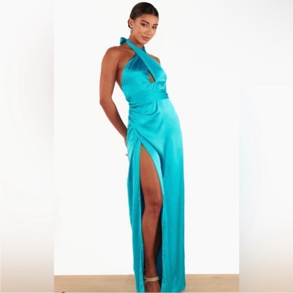 Show me your MuMu NWT Adele Halter Maxi Dress In Teal Luxe Satin Small MSRP $198